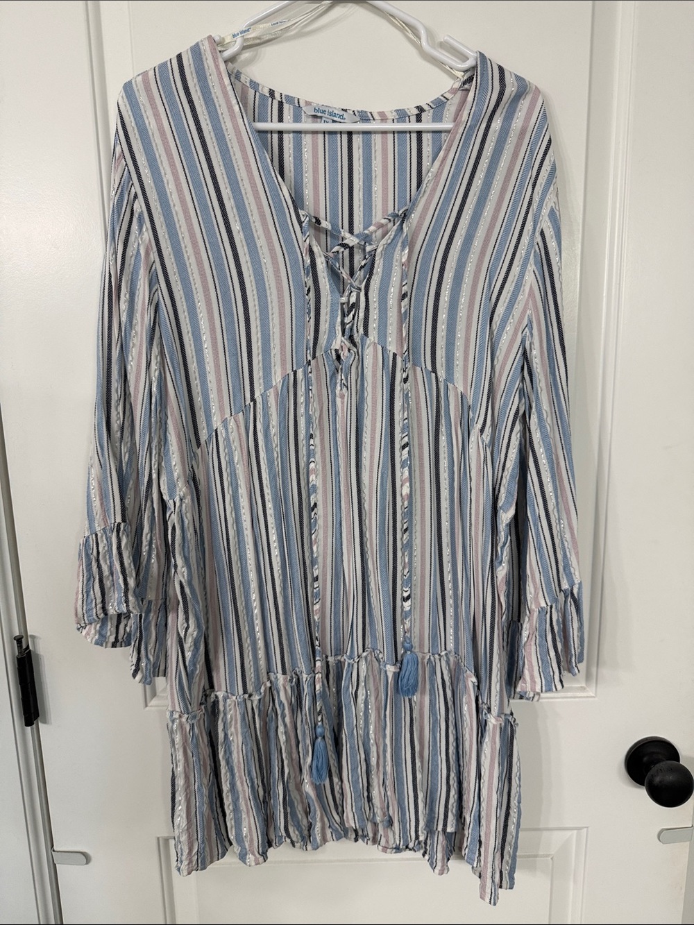 blue island Striped Lace-Up Long Sleeve Boho Dress in Blue and Pink